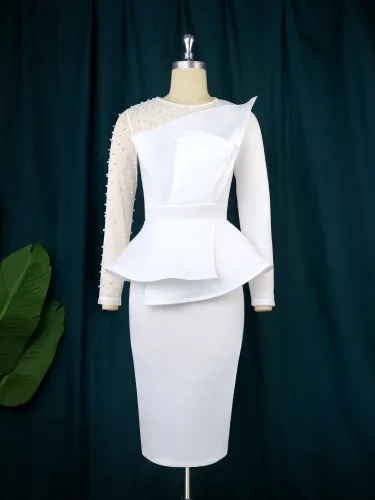 Piece splicing fake two dresses with beads, high waist and slim dress