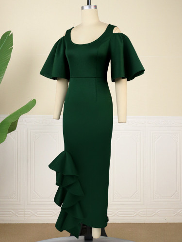 U-neck flare sleeve dress with low cut and high waist banquet dress