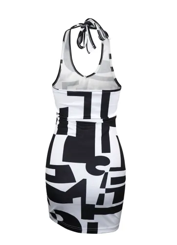 Color contrast sexy neck wrap dress with straps sexy backless sleeveless short skirt