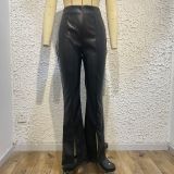 High waist fashion temperament slim sexy casual split pu leather pants casual pants