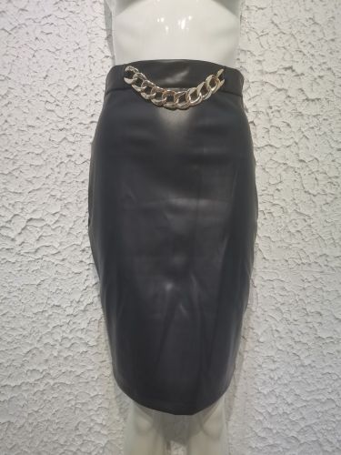 Temperament sexy high waist chain decoration hip leather skirt women's dress