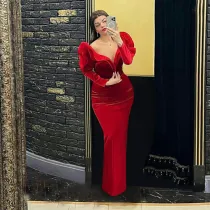 Designer V Neck Low cut Sexy Dress Mesh Panel High Waist Slim Long Dress