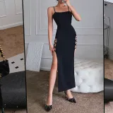 Sexy suspenders, side straps, hollowed out long skirt, slim and slit design, party dress