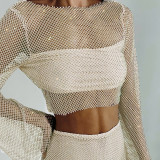 Long sleeve mesh sequins suspender top hip wrap short skirt suit European and American sexy hot girls fashion women's dress