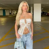Tassel cut out bandage sexy bodice top Spicy girl exposed navel vest