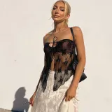 Sexy Lace Panel Hollow Bra Top Fashion Style Printed Vest