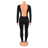 Women's solid color sexy backless tight long sleeve jumpsuit pants