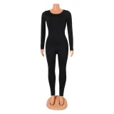 Women's solid color sexy backless tight long sleeve jumpsuit pants