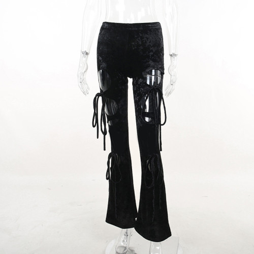 Slim slim hollow lace velvet casual pants design sense versatile pants