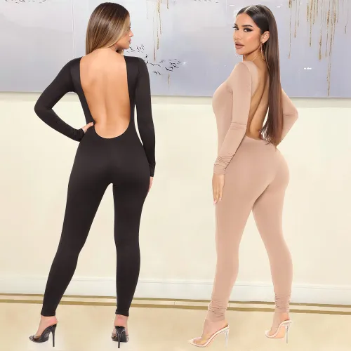 Women's solid color sexy backless tight long sleeve jumpsuit pants