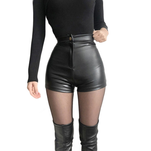 Black leather shorts women's autumn and winter high waist hip bag PU leather bottomed elastic sexy hot pants super short leather pants