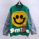 Denim splicing cartoon smiling face pullover sweater loose lazy style knitting coat
