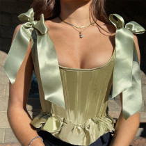 Fashion green ruffle silk lace waist top