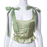 Fashion green ruffle silk lace waist top