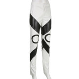 Women's PU leather black and white contrast round abstract Gothic casual pants Tights Winter