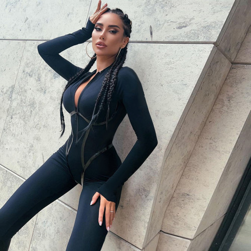 Fashion sports leather ribbon split line long sleeve zipper tight hip lifting jumpsuit