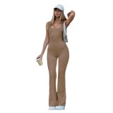 Casual women's slim solid bell bottoms sexy suspenders one-piece pants