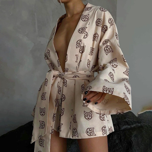Loose printed women's casual lace up long sleeved pajamas high waist shorts suit housewear