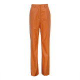 Fashion slim and slim PU casual straight trousers Women's long leather trousers are brushed
