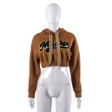 Cloth embroidered hooded drawstring long sleeved waistband exposed navel sweater T-shirt