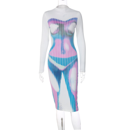 Fashion Personality Body Pattern Print Sexy Skinny Dress