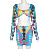 Digital printing sexy U-neck leaky navel long sleeve top high waist hip wrap skirt suit