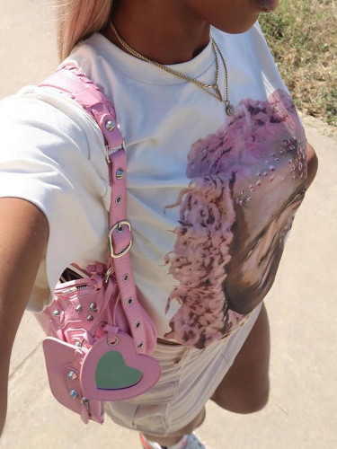 Street hipster high collar women's short sleeve printed loose t-shirt