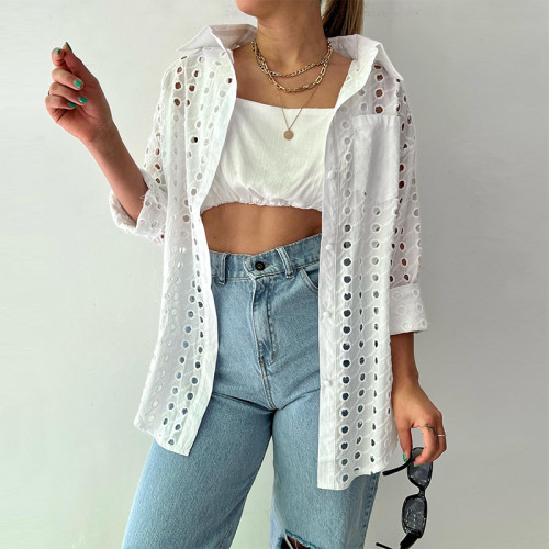 Fresh and sweet lapel long sleeve polka dot hollow patch pocket shirt top