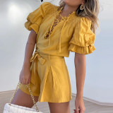 Solid color stand collar pile sleeve shirt top high waist lace up straight leg shorts two-piece set