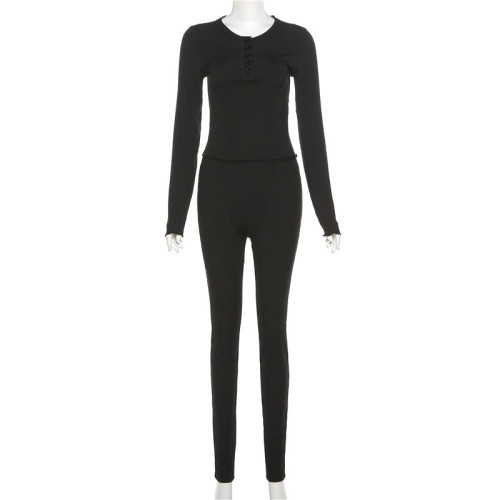 Sexy round neck button top tights casual sports suit