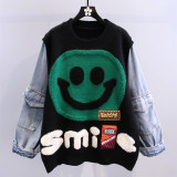 Denim splicing cartoon smiling face pullover sweater loose lazy style knitting coat