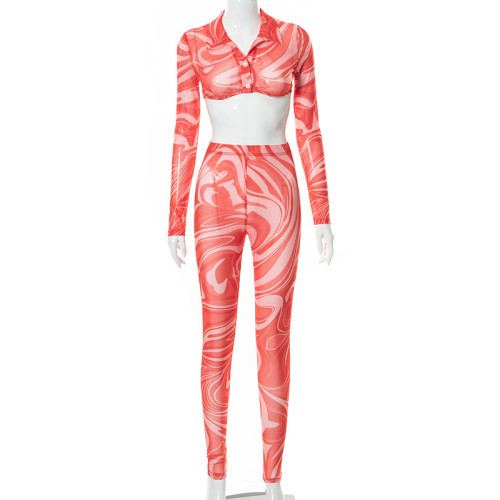 Positioning printing tie dyeing hollow perspective screen women's two-piece suit [with buttons]
