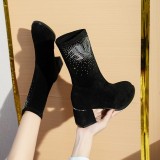 Oversized women's shoes Black suede rhinestone pattern thick heel bright edge fashion single shoes