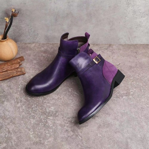 Oversized women's shoes Vintage leather buckle side zipper short tube ankle boots