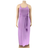 Solid color sling wide loose long section with belt large size women's dress OSS20708