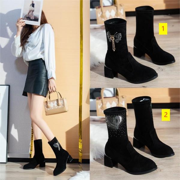 Oversized women's shoes Black suede rhinestone pattern thick heel bright edge fashion single shoes