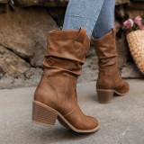Oversized Women's Shoes Vintage Pleated Upper Thick Heel Pointed Toe Pullover Knight Boots