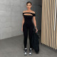 Off shoulder short sleeve slim fit sports casual trousers jumpsuit