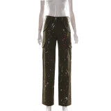 Hand painted button pocket overalls casual trousers