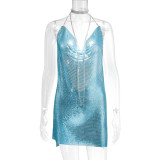 Open backed sequin suspender V-neck neck with diamond chain nightclub slit dress