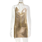 Open backed sequin suspender V-neck neck with diamond chain nightclub slit dress