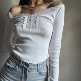 Women's perspective splicing lace big neckline V-neck knitting slim short sleeved T-shirt