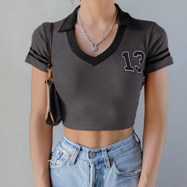 Digitally printed small V-neck contrast ultra short slim exposed navel short sleeve top