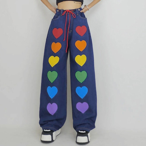 High waist tie loose small fresh heart print contrast casual jeans