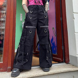 Contrast Lace up Strap Metal Buckle Zipper Street Wide Leg Jeans