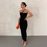 Women's fashion sexy sloping shoulder backless slim bag hip temperament dress