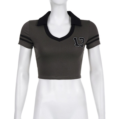Digitally printed small V-neck contrast ultra short slim exposed navel short sleeve top