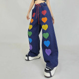 High waist tie loose small fresh heart print contrast casual jeans
