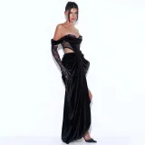 Women's off shoulder lace long sleeve gold velvet dress sexy open waist evening dress