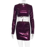 Women's sexy sequins long sleeved open navel hot girl blouse hip wrap short skirt pure sexy two-piece suit